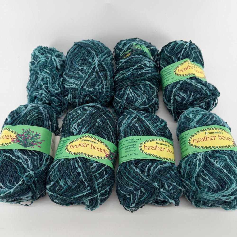 8 Skeins Brunswick Heather Boucle Yarn Teal Ombre 65095 Vintage Made in USA